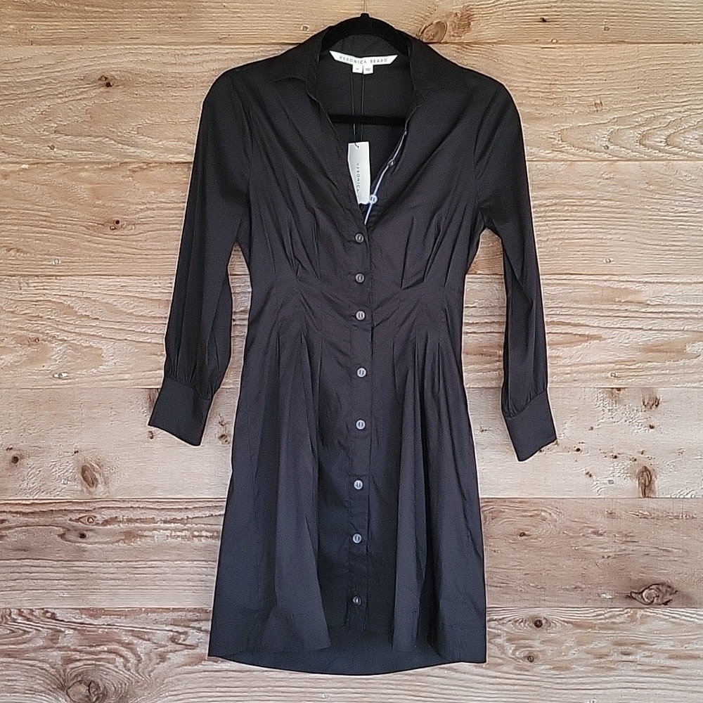 Veronica Beard Size 00 Black Polina Button-Front Pleated Shirt Dress NWT